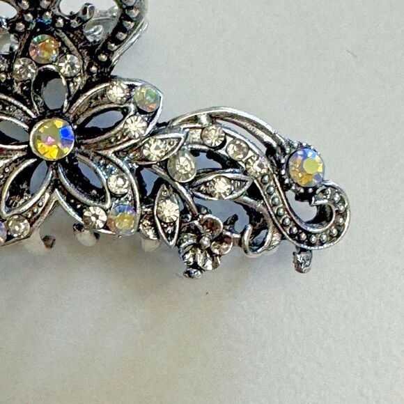 Vintage-Style Silver Tone Filigree Hair Clamp with Aurora Borealis Rhinestones - Picture 5 of 7